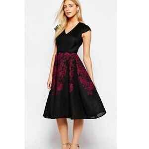 Ted Baker Levana Bonded Lace Floral Midi Dress Black Magenta Size 5 US 12
